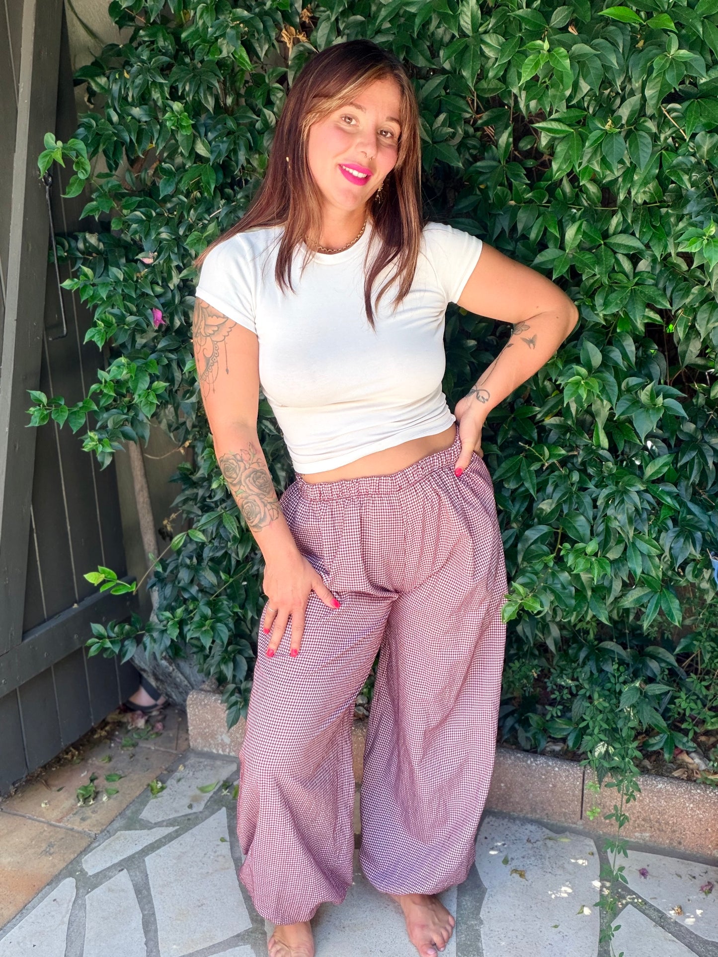 Pantalon barrel Vichy violet